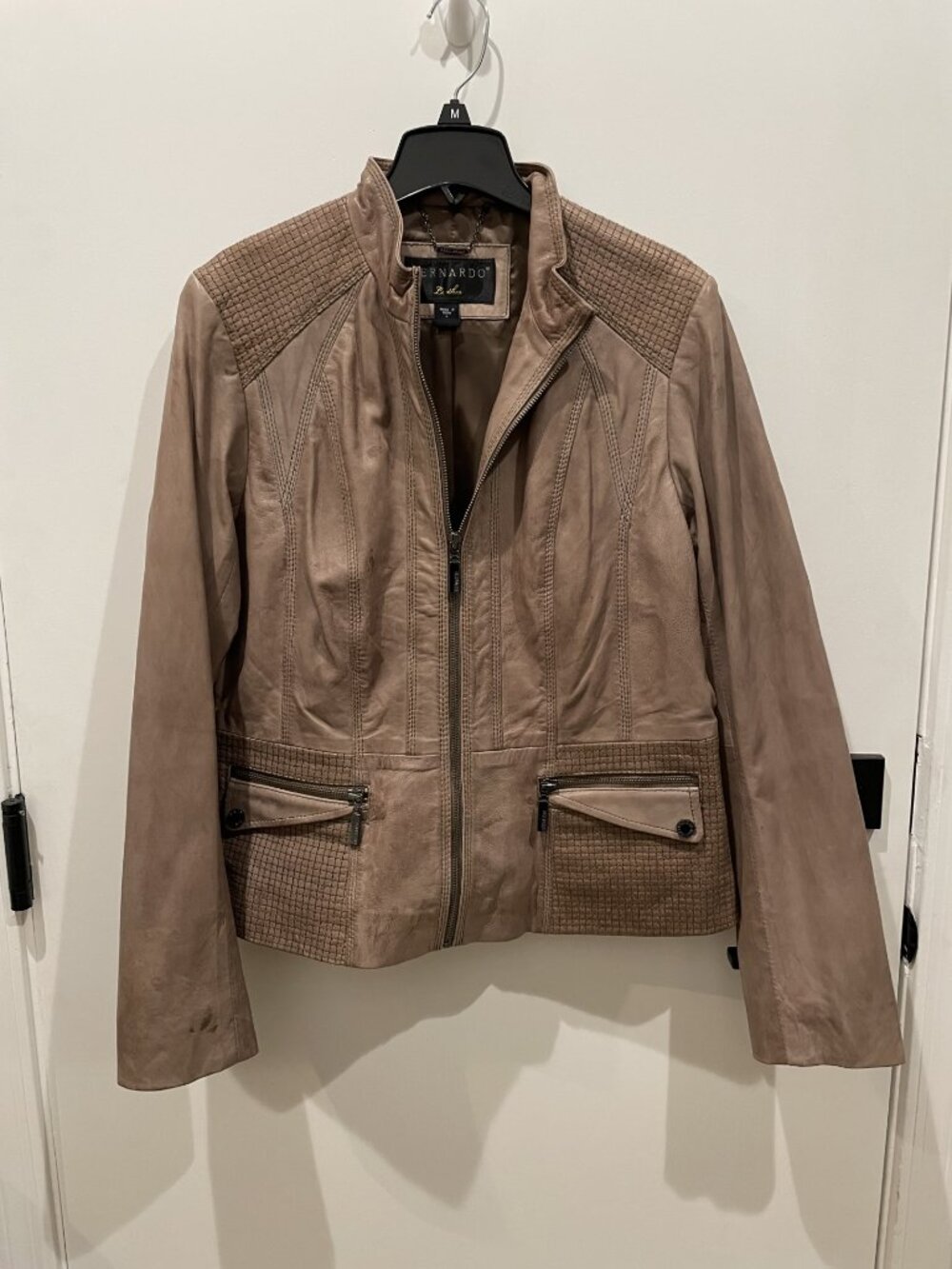 Bernardo Tan Distressed Leather Jacket - Front Zip - Size Large - Retail $399